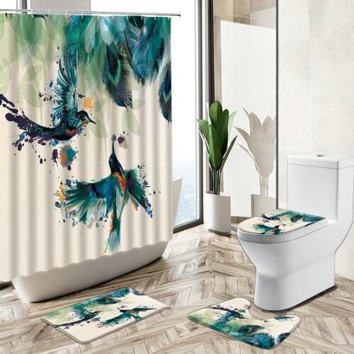 Bird Feather Flower Shower Curtain Watercolor Art Design Bathroom Decor Non-Slip Carpet Toilet Cover Bath Floor Mat Set Washable