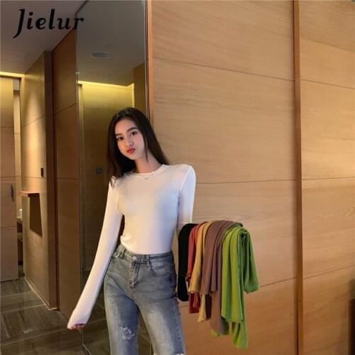 Jielur Pure Color Long Sleeve T Shirt Women O-neck Slim Basic T-shirt Hipster Black Autumn New Tee Tops 2021 Tee Shirt 6 Colors