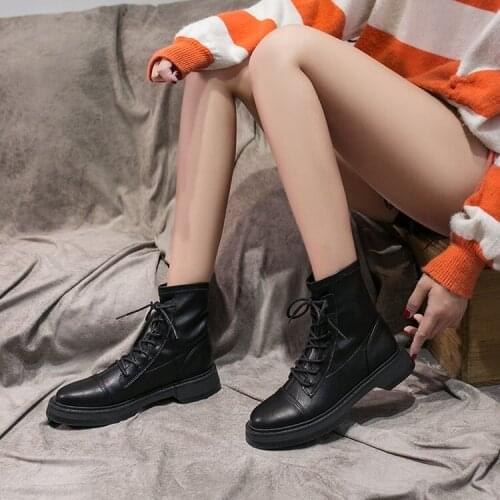 Autumn Winter Fashion Leather Platform Shoes for Women Leathe Classic Chunky Heels Female Square Heel Lace-up Boots