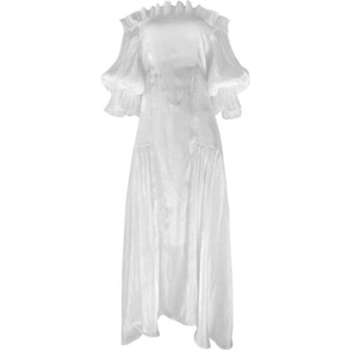 VSUE Women Wihte Solid Chiffon Slash Neck Sexy Halter Lace-up Bow Dress Puff Half Sleev Long Beach Holiday Dress D2249