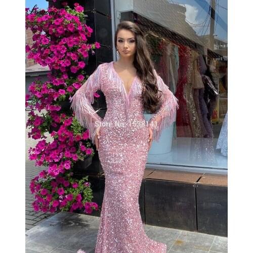 Sweet Pink Mermaid Evening Dresses 2020 Long Sleeves Formal Prom Dresses Plus Size Cocktail Party Dresses Abiti Da Cerimonia