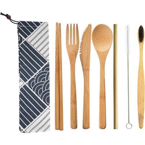 Bamboo Tableware Knife Fork Spoon Chopsticks Straw Brush Set with Cloth Bag Environmental Protection Travel Bag