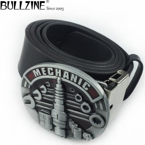 Bullzine zinc alloy mechanic belt buckle cowboy jeans gift belt buckle with PU belt with connecting clasp FP-02794 drop shipping