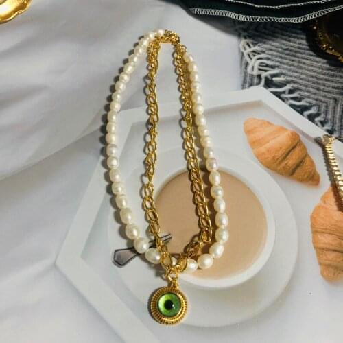 Retro personality Egyptian ocean green eye amulet clavicle chain minority natural freshwater pearl neck chain female necklace