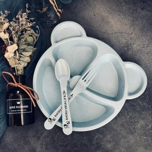 Baby Bowl Spoon Fork Feeding Food Cutlery Set Cartoon Bear Kid Dish Dinnerware Anti-scalding Training Board