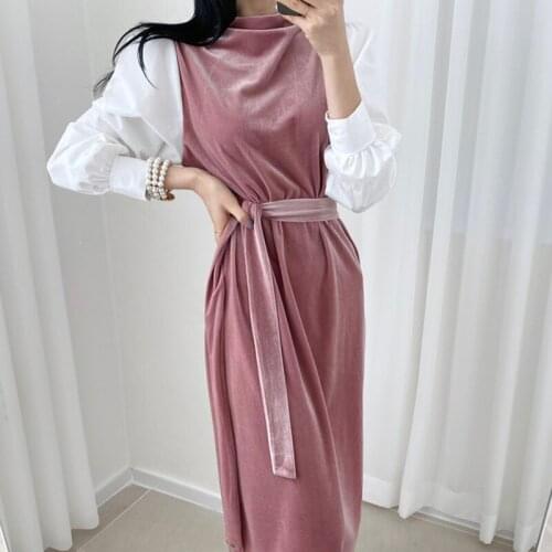 Elegant Dress Korean Hit Color Stitching Fake Two Pieces Of Velvet Tie Waist Puff Sleeve Dress French Vintage Ladies Robe Autumn