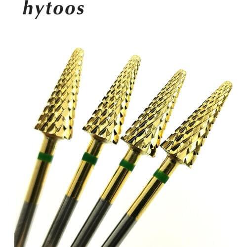 HYTOOS Gold Carbide Nail Drill Bit 3/32" Cone Milling Cutter For Manicure Rotary Tungsten Carbide Burr Drill Accessories Tool