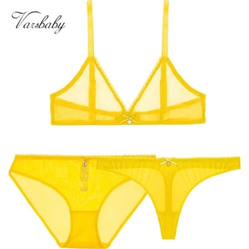 Varsbaby Light Yellow Soft Mesh Sexy Lingerie 3 Pcs Deep V Bra+Panties+Thongs Lace Wire Free Transparent Underwear