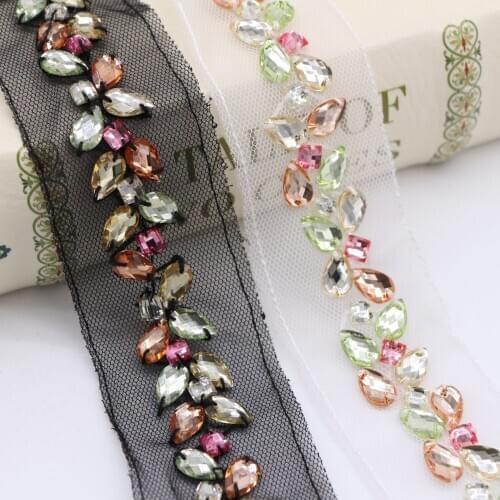 6Yards Diamond Beaded Handmade Rhinestone Lace Edge Trims Wedding Dress Belt Sash Ribbon Bridal Applique Fabric Sewing Craft DIY