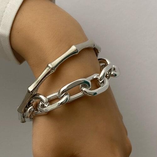 Meetvii Punk Metal Chunky Chain Bracelet&Bangle Set Vintage Coins Pendant Bamboo Joint Women Bracelets Statement Jewelry