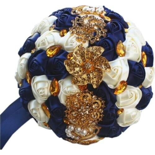 2021 Fashion Navy Blue Cream Rose Flowers Wedding Bouquet Satin Gold Crystal Beaded Bridal Bouquets Country Designer Fashion