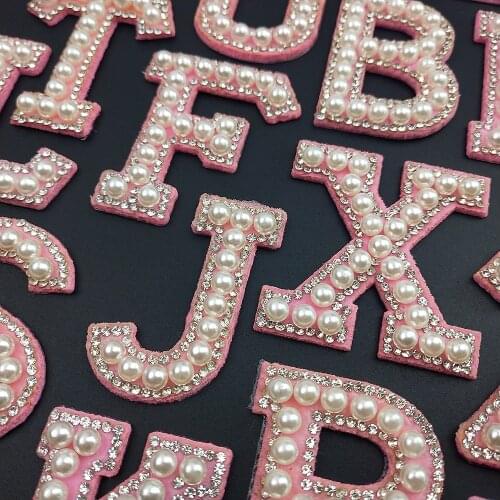 New Diy Name Patches Stickers Pink Diamond Pearl A-Z Iron On Patch For Clothing 26 English Letter A-Z Badge Applique