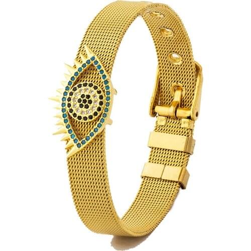 Wholesale High Quality Gold Color Stainless Steel Adjustable Bracelet Zirconia Evil Eye Rhinestone Watch Belt For Women Jewelry