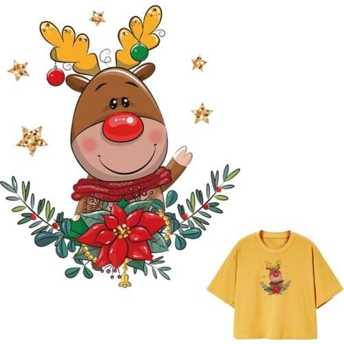 Patches For Clothes Cute Christmas Deer Diy Accessory Iron On Heat Transfer Stickers Fashion Clothes Patches Print Girl Shirt