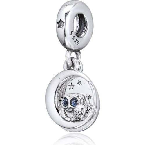 Always by Your Side Owl Pendant Fit Charm Bracelet 925 Sterling Silver Pave Stones Crystal Beads for Jewelry Making Fashion DIY