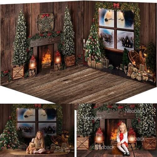 Christmas Backdrop for Photography Windows Fireplace Winter Children Portrait Background Christmas Tree Gifts Toys Photo Shoot