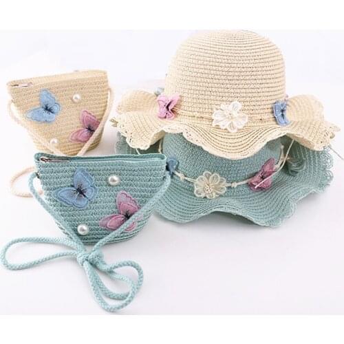 Hotsale New summer child casual butterfly straw hat+ handbags Kid girls Outdoor holiday panama cap straw bags Sun hat