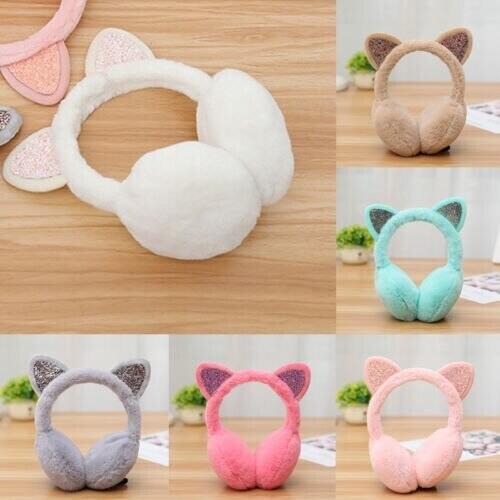 Warm Cat Ear Faux Fur Earmuffs Earflap Plush Earmuff for Girls Ladies Women Hairbands Rhinestone Ear Muffs