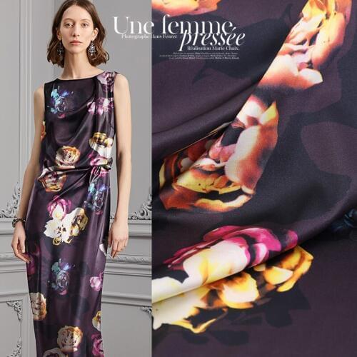 19 MM Digital Printed Real Spandex Silk Satin Fabric Golden Rose Mulberry Dress Cheongsam Cloth