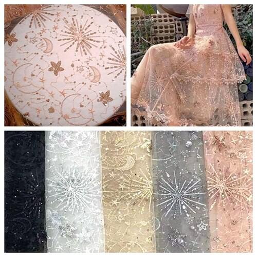 Stars and moon sequined yarn cloth dress see-through sequined dress fashion designer mesh embroidery fabric