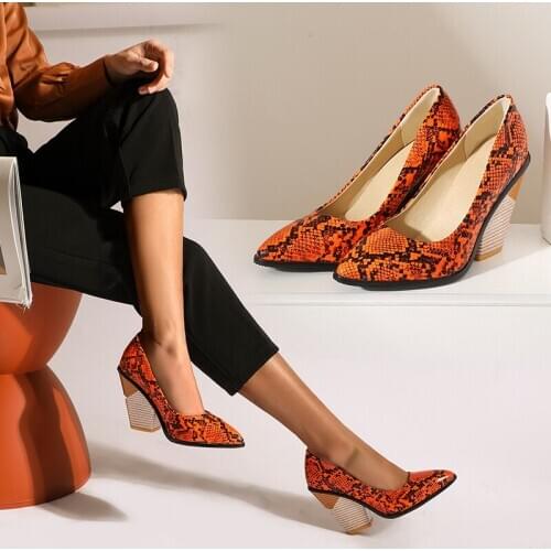 Thick High Heels Block Shoes Woman Pumps printing Ladies Pumps Pointed Toe Dress Shoes Party Wedding Big Size34-43