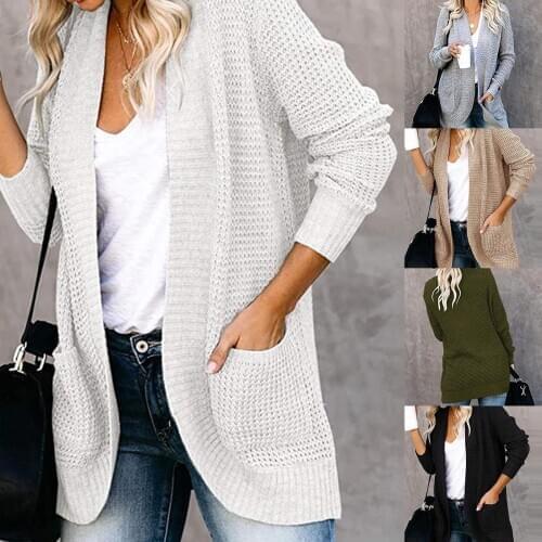 European style fashion womens clothing Women Autumn Winter Long Sleeve Open Front Cardigan Pockets Knit Coat Outerwear