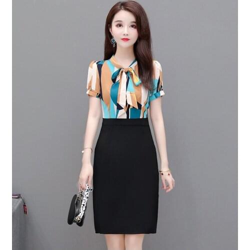 Women Dresses Elegant Summer Patchwork Bow Short Sleeve Knee-length A-line Plus Size High Waist Robe Sukienki Vestidos 3239