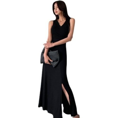 Black maxi Dress one piece korean laides Sexy summer Sleeveless V neck cabaret Party robe A line Dresses for women