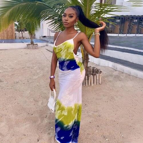 2021 Tie Dye Print Women Pearl Strap Midi Dress Ruched Backless Streetwear Party Club Festival Holiday 2021 Summer Clothes