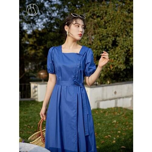 DUSHU 100% Cotton Dress Women Retro Temperament 2021 Summer New Women Blue Square Collar Tea Break Dress