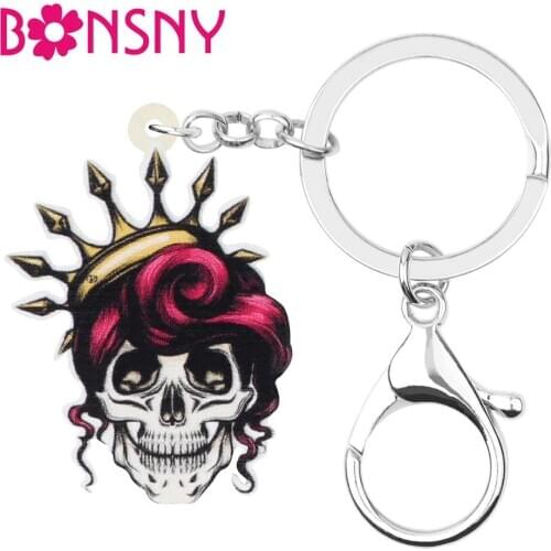 Bonsny Acrylic Halloween Skull Skeleton Princess Keychains Key Ring Jewelry Gift For Girls Handbag Purse Novelty Charm Accessory