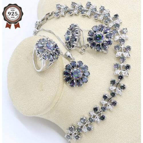 Rainbow Zircon Silver Color Dubai Jewelry Set for Women Bracelet Earrings Necklace Pendant Ring Birthday Gift