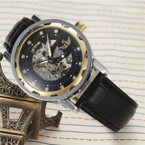 SEWOR Top Brand Luxury Men Watches Leather Strap Mechanical Hand Wind Skeleton Wrist Watches Classic Man Watch relogio masculino
