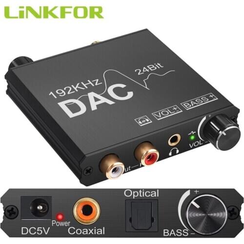 LiNKFOR 192kHz Digital to Analog Audio Converter with Bass+Volume Control 3.5mm headphone jack DAC Converter with Optical Cable