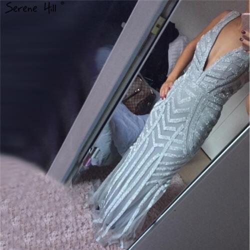Dubai Luxury Grey V-Neck Sexy Evening Party Dress 2020 Full Crystal Sleeveless Occasion Evening Gowns For Women LA6212