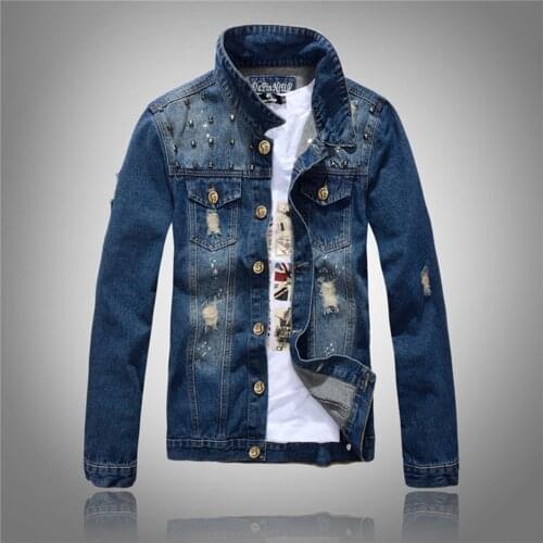 New Mens Jean Jackets Locomotive Blue Denim Jacket Male Rivet Personality Trend Holed Top Men Cotton Slim Handsome Denim Coats