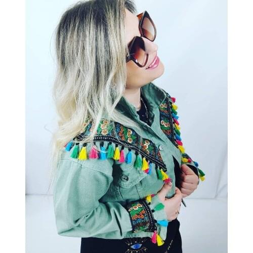 Jeans denim Streetwear Style Print Womens Denim Jacket Coat Diamond Hole Jeans Outwear Female Spring Autumn Casual Loose Cowboy