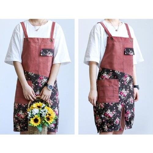 Floral Stitching Canvas Apron Cross Back Adjustable Chef Apron Multi-pocket Sleeveless Adjustable Strap and Large Pockets for K