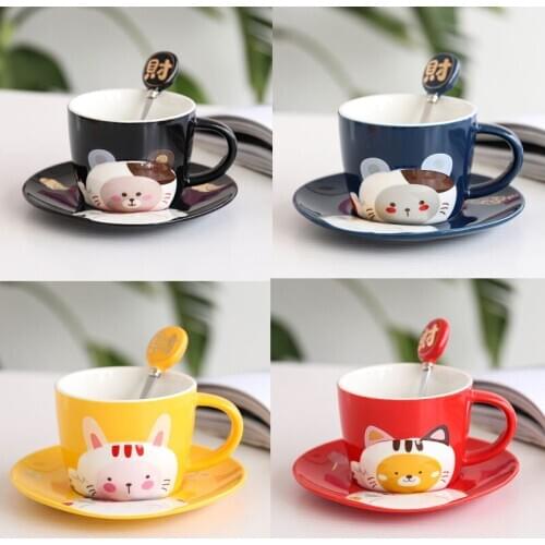 250ML European style Embossed Animal Lucky Cat Coffee Cup Creative Ceramic Mug Water Cup For Lady Lovers Women Boy And Girls