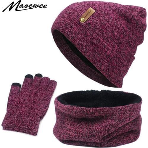 Women Knitted Winter Beanie Hat Scarf Gloves Set 3 Pieces Warm Thick Touch Screen Full Finger Gloves Beanies Ring Scarf Set Men