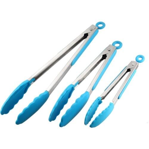 Uxcell Kitchen Tongs Stainless Steel Locking Tong Set of 3 7-inch 9-inch 12-inch with Silicone Tip for Cooking Grilling Blue
