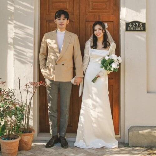 Square Neck Wedding Dresses Long Sleeves Little Train Engagement Dress A Line Backless Soft Satin Bridal Gown TT422