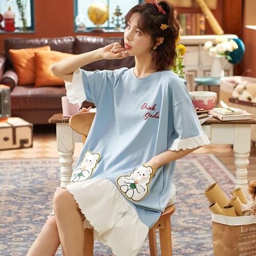 Summer Women Night Dress Kawaii Cartoon O-neck Short Sleeve Home Dress Sweet White Ruffle Patchwork Plus Size Women Sleepwear