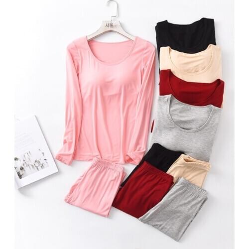 Autumn Womens Pajamas Modal Chest Pad Long-sleeved Pajamas Two-piece Set, Bra-free Autumn Clothes, Warm Bottoming Home Service