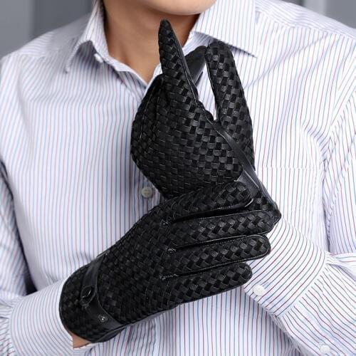 2020 New Genuine Leather Mens Gloves Autumn Winter Thermal Plush Lined Woven Sheepskin Gloves Male Black Coffee M0130-2