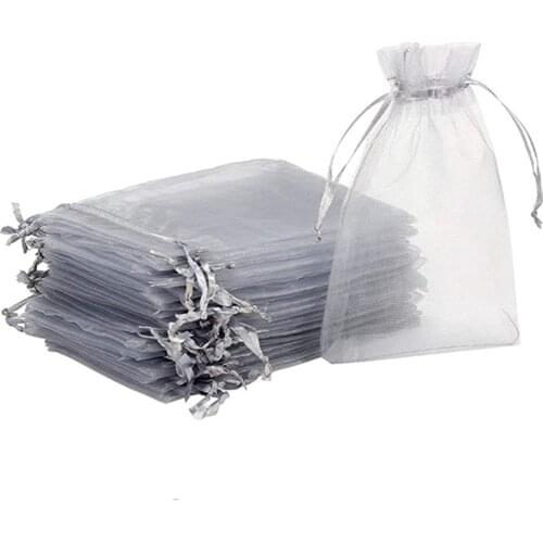 100 Pcs Organza Gift Bags for Jewelry 8*10CM Grey Pockets Sheer Favor Pouches with Drawstring for Package Wedding Party Supplies