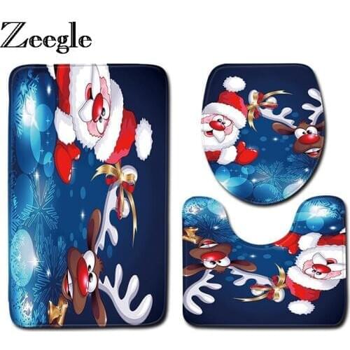 Zeegle Christmas Toilet Mat 3pcs/set Bathroom Carpet Foot Mat Absorbent Bath Mat Bathroom Rug Non-slip Bath Carpet Shower Mats