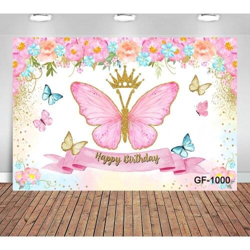 Pink Butterfly Birthday Backdrops for Girl Party Decor Props Crown Floral Baby Shower Photo Photography Background