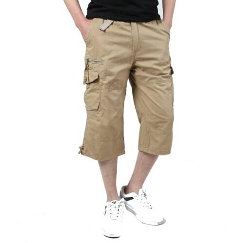 Long Length Cargo Shorts Men 2021 Summer Knee Multi Pocket Casual Cotton Elastic Waist Bermudas Male Military Style Hot Breeches