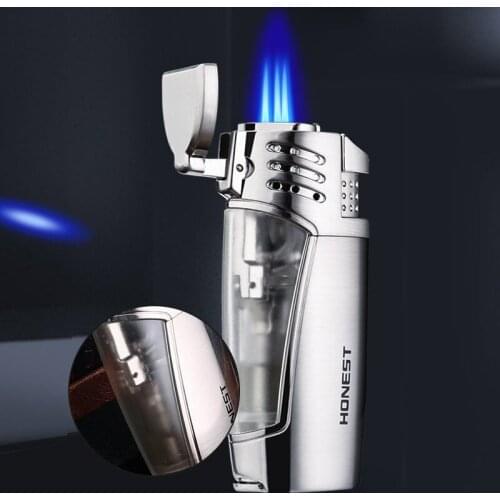 Wind-proof inflatable lighter three-way blue flame straight to the creative trend Cigar douyin network red lighter